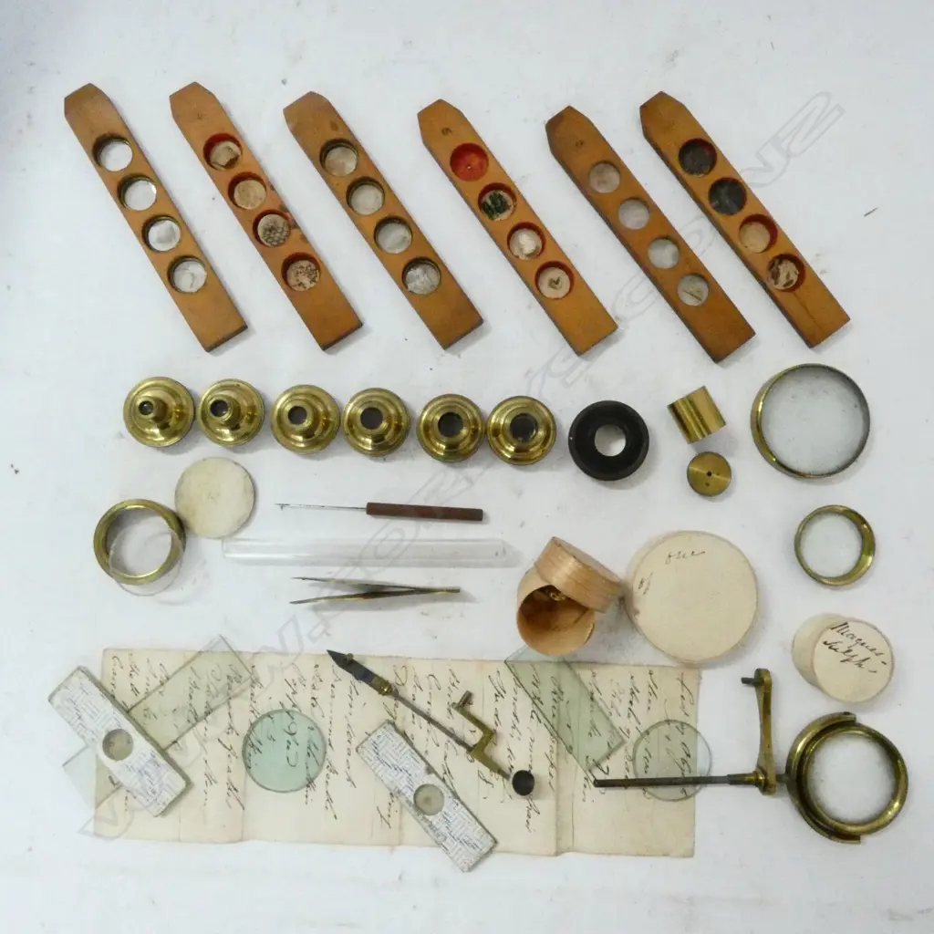 LACQUERED BRASS DRUM MICROSCOPE, c.1850, COMPLETE IN BOX w LENSES, STAGE BULLSEYE, INSECT CLIPS, SLIDES, ETC. Image 1++